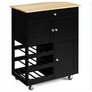 COSTWAY - Chariot Cuisine à roulettes Plateau en Bois d'Hévéa - 67 x 37x86 cm, Noir