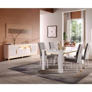 JEMMA - Ensemble Séjour Blanc Décor Doré Table 190cm + Buffet avec Leds