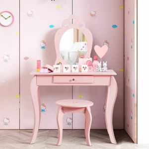 COSTWAY Coiffeuse pour Enfant avec Miroir, Inclus de Table de Maquillage et deTabouret, Dessus Amovible, Rose