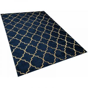 Beliani Tapis en viscose bleu marine au motif marocain doré 140 x 200 cm YELKI