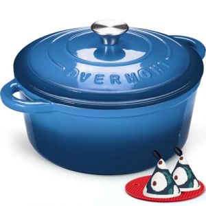Overmont Cocotte en Fonte &Eacute;maill&eacute;e - &Oslash;28 cm Casserole Antiadh&eacute;sive Avec Couvercle et Maniques en Coton - Batterie de Cuisine Robuste pour Braiser Rago&ucirc;ts R&ocirc;tir Pain - Bleu saphir
