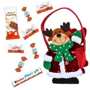 Panier rouge Renne de Noël garni d'un assortiment de 40 chocolats 4 variétés Kinder : Schokobons,Mini Bueno,Maxi, Country