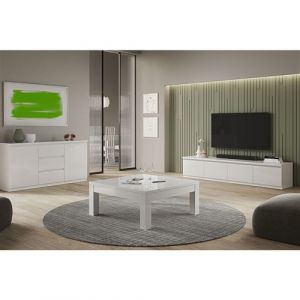 Ensemble Salon Laqu&eacute; Blanc Meuble TV 4 Portes + Table Basse Carr&eacute;e + Buffet - DEYTON - ALTOBUY
