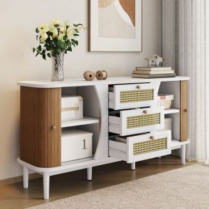 Buffet 140.5x40x76cm 2 portes coulissantes et 3 tiroirs en rotin pieds en bois panneau de particules blanc