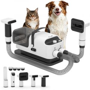 Pawhut Aspirateur poil de chien et s&eacute;choir 5-en-1 - 12kPat, silencieuse 50dB avec temp&eacute;rature r&eacute;glable et r&eacute;servoir 1,8L - blanc