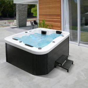 Home Deluxe - Jacuzzi d'extérieur avec escalier et couverture thermique white marble - 210 x 160 cm pour 3 personnes Équipement : Avec escalier et