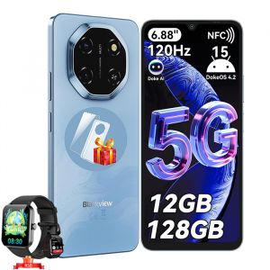 Blackview SHARK6 5G Smartphone 12Go+128Go/2To 6.67" 50MP+13MP 5000mAh Android15 T&eacute;l&eacute;phone-Bleu avec R50 montre intelligente