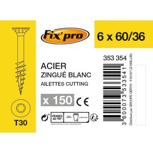 Fix'Pro Vis à bois tête fraisée TX - 6x60/36 - 150pces - Fixpro