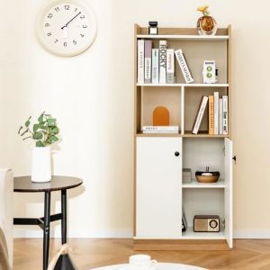 COSTWAY Bibliothèque, Armoire à Double Porte avec Étagère Ouverte, Dispositif Anti-basculement, Meuble de Rangement pour Salon, Bureau, Chambre,