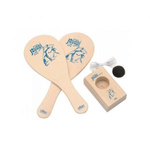 Vilac Le Vrai Jokari du Jura - Raquettes Socle Balle souple - Bois massif - Classique Traditionnel - Set Jeu Adresse Plein Air + Carte