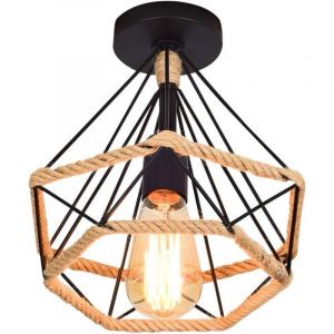 Lampe de Plafond rétro Vintage Plafonnier Industrielle Cage forme Diamant en Métal Corde de chanvre Fer Lustre Suspension Luminaire pour Salon Salle