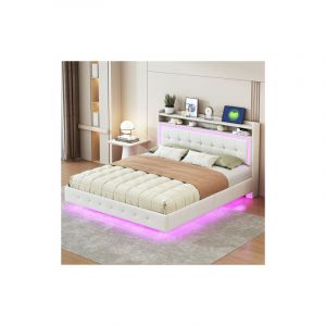 Wishdor - Lit adulte 160x200cm, lit capitonn&eacute; avec port usb, &eacute;clairage led, t&ecirc;te de lit ouverte avec rangement, pieds cach&eacute;s, sans matelas, tissu