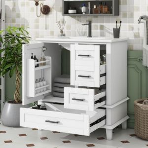 Meuble de salle de bain sur pied avec une vasque en c&eacute;ramique - 1 porte et 3 tiroirs - 76x46x83.5cm - Blanc(robinet non inclus)