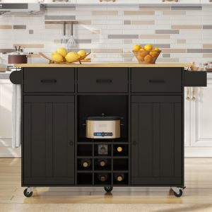 &Icirc;lot de cuisine mobile avec rangements et plan de travail pliable, tiroirs, rangements et roulettes &ndash; Noir