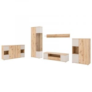 Ensemble salon complet ERINA &ndash; Buffet bas, Buffet haut, Vitrine, Meuble TV, &Eacute;tag&egrave;re murale &ndash; Ch&ecirc;ne clair et beige