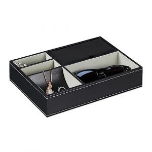 Image de Relaxdays Boîte à Bijoux Ouverte, 5 Compartiments, Organiseur Objets de Valeur, HxLxP : 5x25,5x18,5 cm, Organiseur, Noir