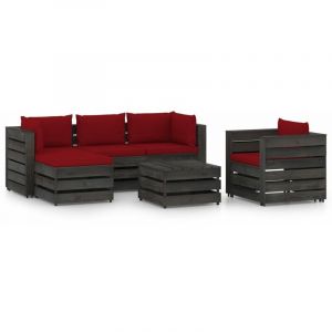 VidaXL Ensemble d'ext&eacute;rieur six places en pin gris et rouge avec coussins Vida XL