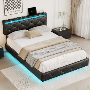 Lit Flottant Lit 140 x 200 cm avec LED et ports USB,lit 2 personnes,lit double rembourré,design de pied de lit caché,lit 140x200 avec sommier,PU,noir
