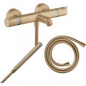 Hansgrohe Pack mitigeur bain douche thermostatique Ecostat Comfort + Flexible Isiflex + Pommeau Pulsify S bronze brossé