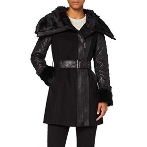 Morgan Manteau droit ceinturé détail fourrure noir femme