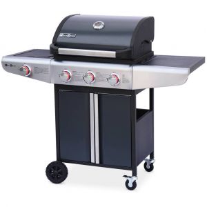 Alice's Garden Bazin 3 - Barbecue au gaz 3 br&ucirc;leurs + 1 feu lat&eacute;ral avec tablettes lat&eacute;rales et thermom&egrave;tre