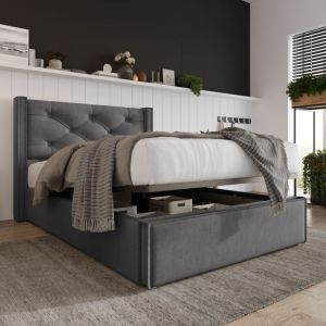 Lit coffre 90x200 cm Lit coffre capitonné avec tête de lit capitonné et sommier à lattes en métal, en coton, gris, sans matelas