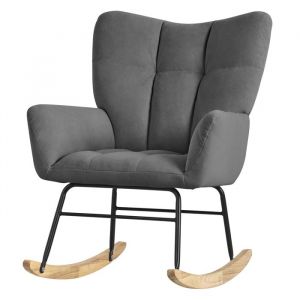 Fauteuil &agrave; Bascule Gris Fonc&eacute;, avec Housse en Tissu &Eacute;ponge, Structure en Acier, Pieds en Bois Naturel, Chaise de Relax, Fauteuil de Relaxation