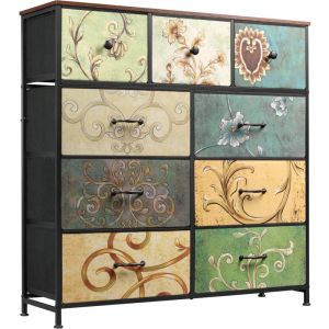 Fortuna Lai - Commmode 9 Tiroirs 100x30x100cm - Cadre en Métal, Tiroirs avec Poignées en tissu - Motifs Rétros - Noir