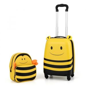 COSTWAY Valise Enfant à Roulettes 16¿¿ + Sac à Dos 12¿¿, Ensemble de Bagage Enfants avec Petite Abeille, Voyages en Avion, Jaune