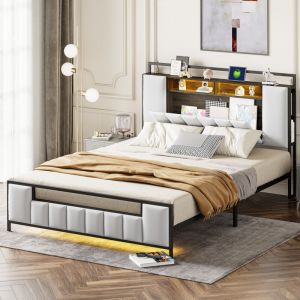 Lit adulte 160x200 cm avec rangement, lit adolescent avec led, prise usb, cadre de lit en fer, simili cuir, blanc