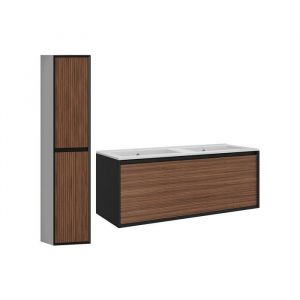 Meuble de salle de bain suspendu stri&eacute; avec vasque &agrave; encastrer et colonne - Coloris naturel fonc&eacute; et noir - 120 cm - BANIVA