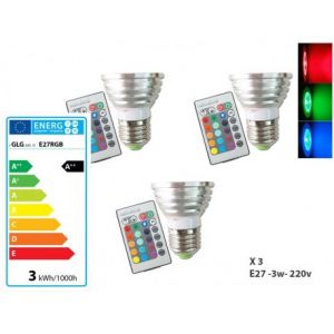 Desineo Lot de 3 Ampoules &agrave; LED Couleur RGB avec t&eacute;l&eacute;commande -
