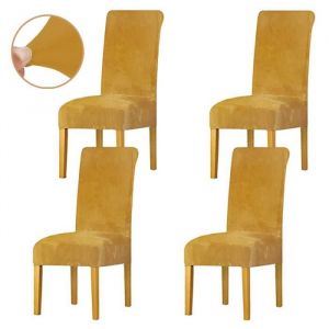 Housse de Chaise en Velours,Spandex de Bout Droit avec la Bande élastique, Dame de Velours dinant la Chaise 4pcs/set - Jaune