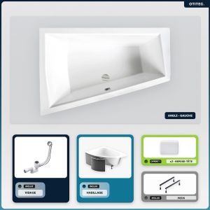 Baignoire asymétrique - 170 x 125 cm - Gauche - avec Habillage - Pieds - 2 Repose-têtes - Vidage Chrome - INTIMA DUO