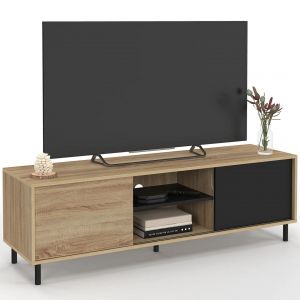 Idmarket Meuble TV 140 cm EASY montage sans outils 2 portes coulissantes r&eacute;versibles effet bois et noir