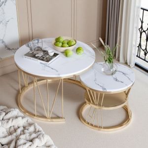 Table Basse Ronde Gigogne - Marbre Blanc & M&eacute;tal Dor&eacute; - Design Moderne - 2 Niveaux de Stockage - Pieds R&eacute;glables