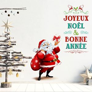 Ambiance Sticker No&euml;l Merry Christmas Autocollants Stickers Adh&eacute;sifs No&euml;l D&eacute;coration F&ecirc;tes pour Chambre et Salon P&egrave;re No&euml;l Joyeux No&euml;l et Bonne Ann&eacute;e - H70 x L85 cm