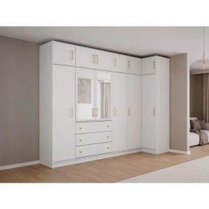 Vente-unique - Armoire d'angle 6 portes et 3 tiroirs - Avec miroirs - L311 cm - Blanc + Réhausses - lizandro