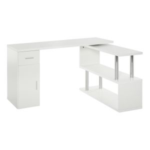 Homcom Bureau informatique multimédia design - modulable - 3 étagères, placard, tiroir - panneaux blanc métal chromé 140x107x74cm Blanc