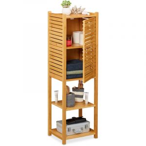 Relaxdays Etagère de salle de bain en bambou, 5 rangements, avec porte, salle de bain, cuisine, 113 x 35 x 29 cm, nature