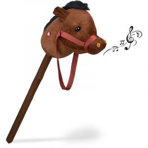 Relaxdays Cheval à bâton, tête de Cheval, Effet sonore, en Peluche et Plastique, 68 cm, Jouet Enfants, Brun foncé