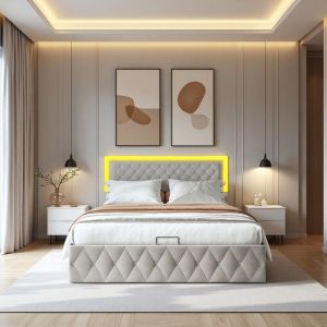 Lit coffre 160x200 - M&eacute;canisme silencieux - Velours beige - &Eacute;clairage LED RGB - Grand rangement