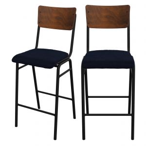 Image de Rendez Vous Déco Chaise de bar 75 cm en bois foncé, velours bleu (lot de 2)