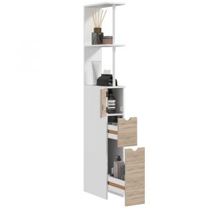 Homcom Meuble colonne salle de bain - avec tiroirs, étagères ouvertes, placard - 15 x 33 x 136 cm - en bois - blanc