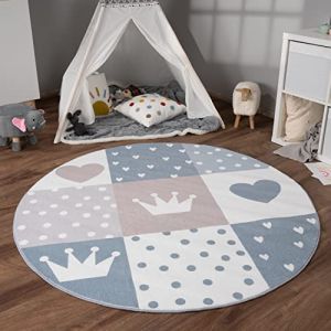 Image de Paco Home Tapis Chambre Enfant Bebe Fille Garcon Antid&eacute;rapant Arc-en-ciel Coeur Pois Beige, 160 cm rond