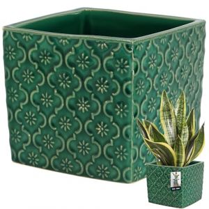 KOTARBAU Pot De Fleurs Carré Turquoise Vintage De 13x13 cm en Céramique Émaillée-Cache-Fleur en Céramique Émaillée avec Finition Brillante