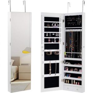 Armoire à bijoux avec éclairage led miroir plein sans cadre blanc