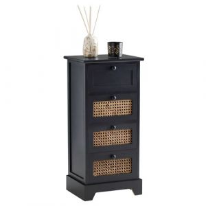 Idimex Chiffonnier JASMIN avec 4 tiroirs, en bois de paulownia lasuré noir et rotin