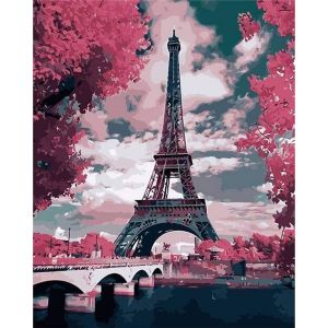 Figured'Art Peinture par Numéro Adulte Tour Eiffel au Printemps - Activité Manuelle Kit de Loisir Créatif DIY Numéro d'Art Complet - 40x50cm sans châssis en bois
