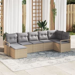 Ensemble de 7 pi&egrave;ces de Canap&eacute; de Jardin avec Coussins Beige Rattan Poly, Canap&eacute; de Jardin 2 Places avec Rangement & Coussins B